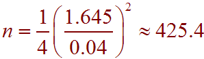 n = 1/4 * (1.645/0.04)^2 = 425.4