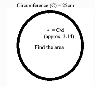 Circle with circumference C = 25.  Find the area.  PI = C/d (approx. 3.14)
