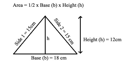Base 18, Height 12 triangle.  Other sides are both 15 cm